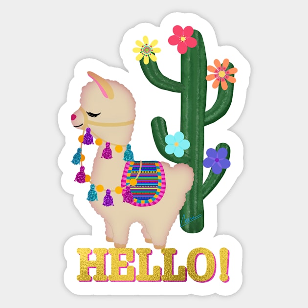 Hello Cute Little Llama and Cactus | Cherie's Original Art (c)2021 Sticker by CheriesArt